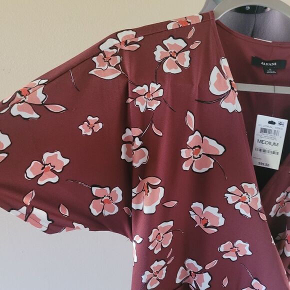 Alfani NWT ditzy wrap midi burgundy red floral flowy dress size Medium - Picture 5 of 8